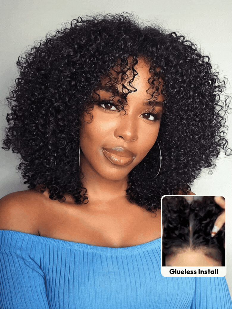 UNice 7x5 Bye Bye Slip™ Lace Perruque Sans Colle Naturelle Noire Kinky Bouclé Perruque avec 4C Bébé Cheveux et Cordon 150% Densité